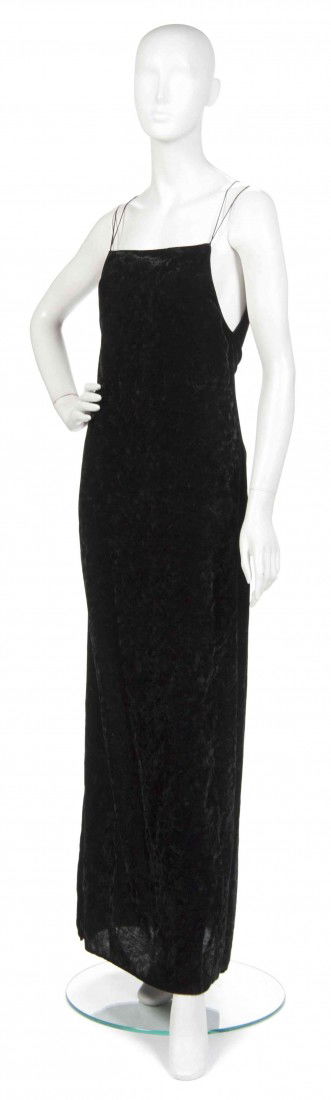 A Joan Vass Black Velvet Sheath Dress,: A Joan Vass Black Velvet Sheath Dress, full length, with racerback straps and slits at sides. Labeled: Joan Vass N.Y. Property from the Estate of Joan Vass, New York, New York