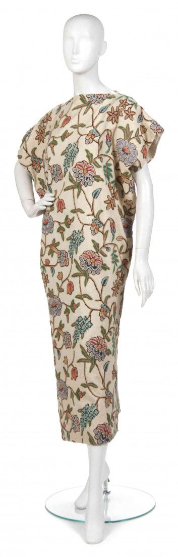 A Joan Vass Floral Applique Upholstery Sack Dress,: A Joan Vass Floral Applique Upholstery Sack Dress, multicolored with side pockets and a boat neckline. Property from the Estate of Joan Vass, New York, New York