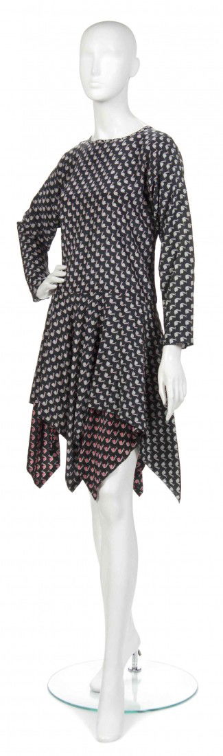 A Joan Vass Black Silk 'Snail' Dress,: A Joan Vass Black Silk 'Snail' Dress, in a snail print motif with long sleeves and a handkerchief hemline. Labeled: Joan Vass N.Y. Property from the Estate of Joan Vass, New York, New York