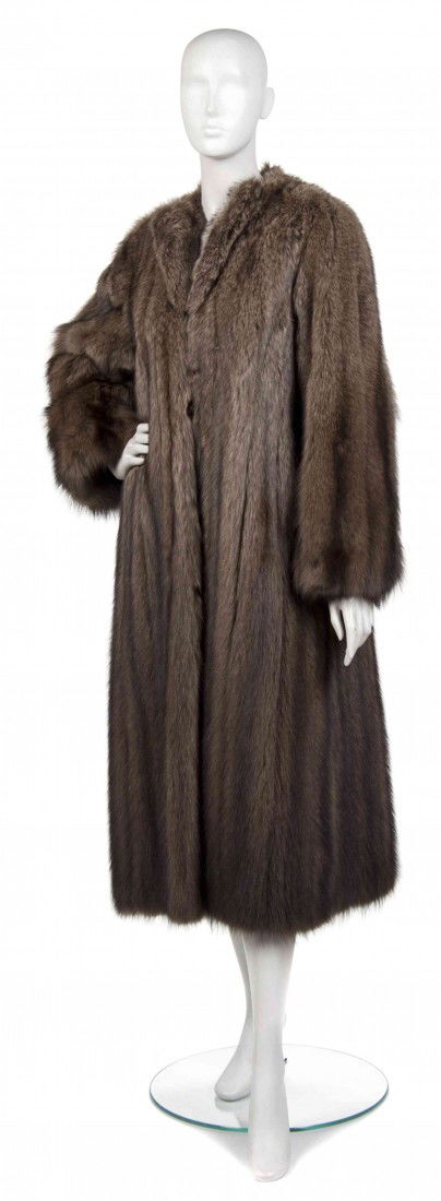 A Brown Fisher Fur Coat,: A Brown Fisher Fur Coat, floor length with two side slits. Property from the Estate of Joan Vass, New York, New York