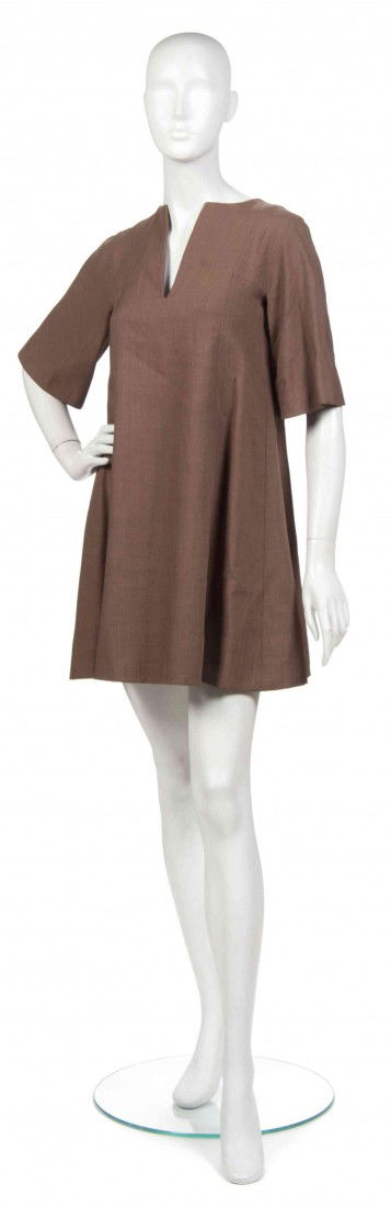 A Jean Muir Brown Linen Dress,: A Jean Muir Brown Linen Dress, in a swing style. Labeled: Jean Muir. Property from the Estate of Joan Vass, New York, New York