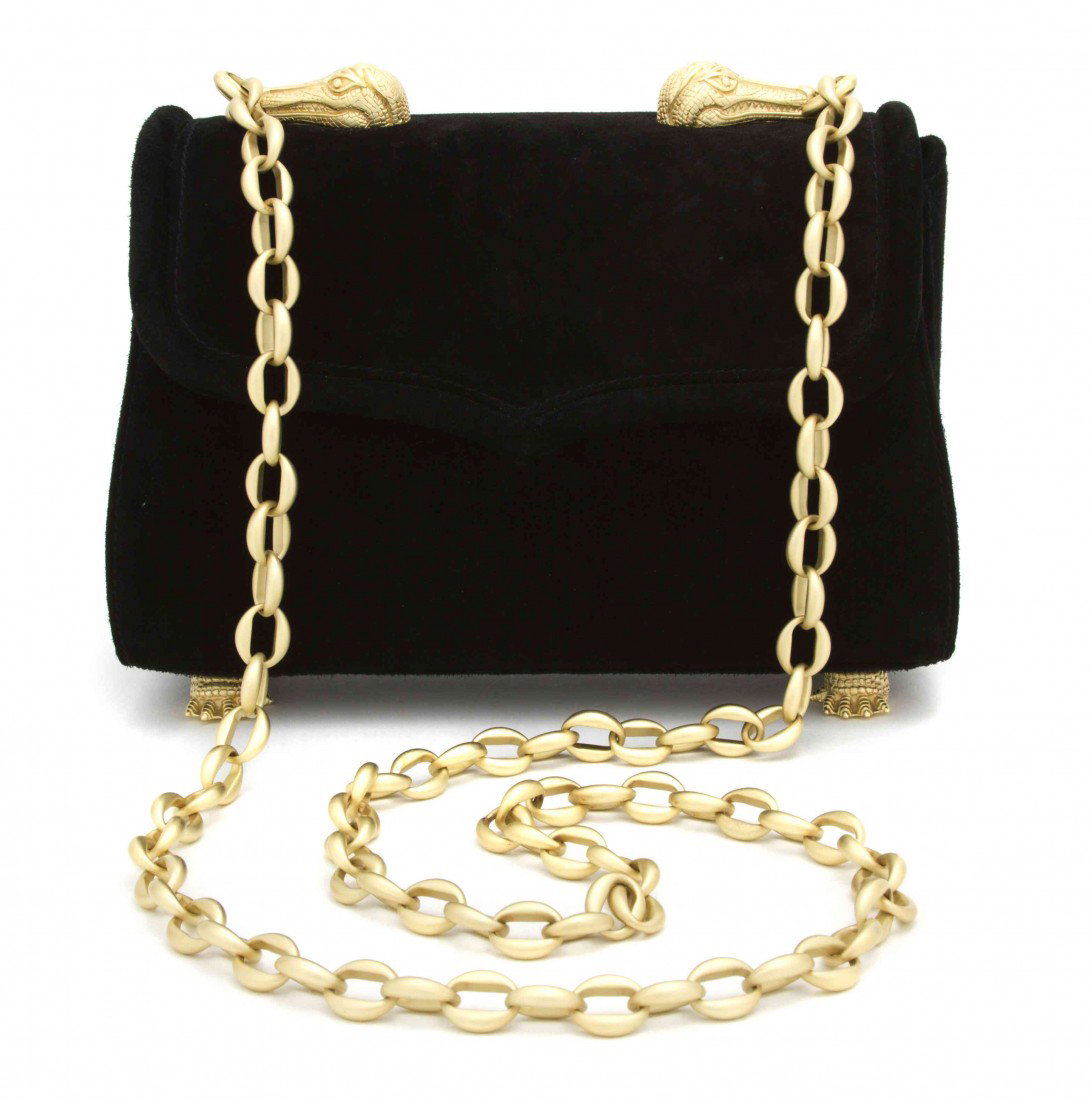 A Kieselstein-Cord Black Suede Bag, 8 x 6 inches.: A Kieselstein-Cord Black Suede Bag, with a long chainlink strap, alligator heads at top with feet at base. Stamped: Barry Kieselstein-Cord. 8 x 6 inches.