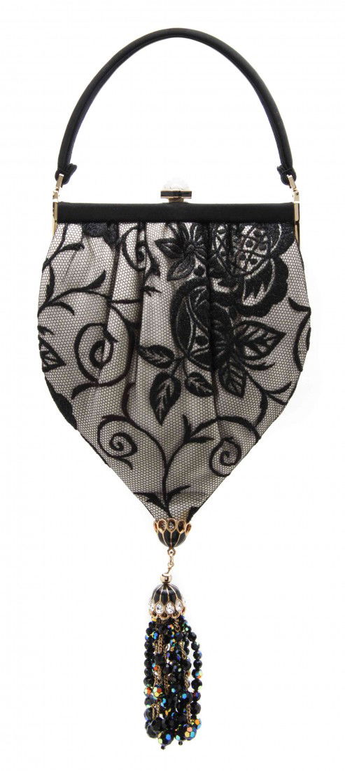 A Judith Leiber Black Lace Evening Bag, 5 x 11 inc: A Judith Leiber Black Lace Evening Bag, with a black satin handle, beaded tassel at base. Stamped: Judith Leiber. 5 x 11 inches.