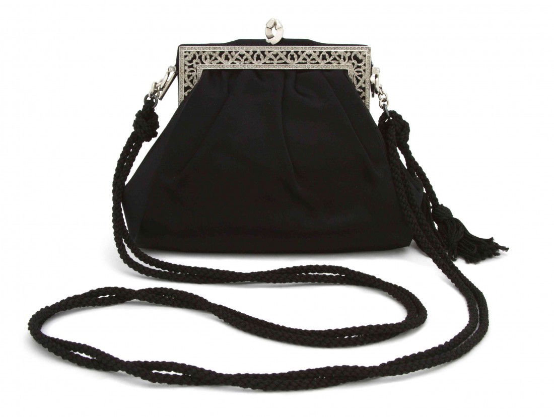 A Judith Leiber Black Satin Evening Bag,: A Judith Leiber Black Satin Evening Bag, with jeweled closure, long rope strap. Stamped: Judith Leiber.