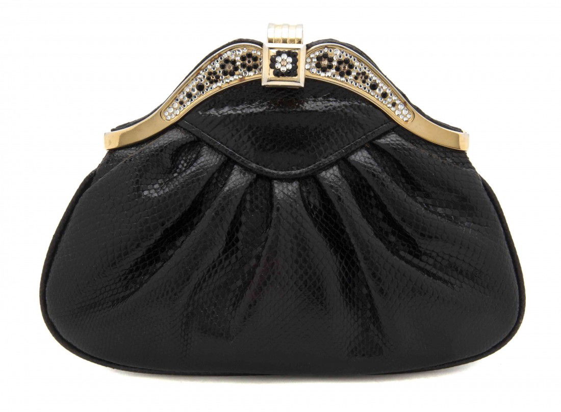 A Judith Leiber Black Lizardskin Bag.: A Judith Leiber Black Lizardskin Bag. Stamped: Judith Leiber.