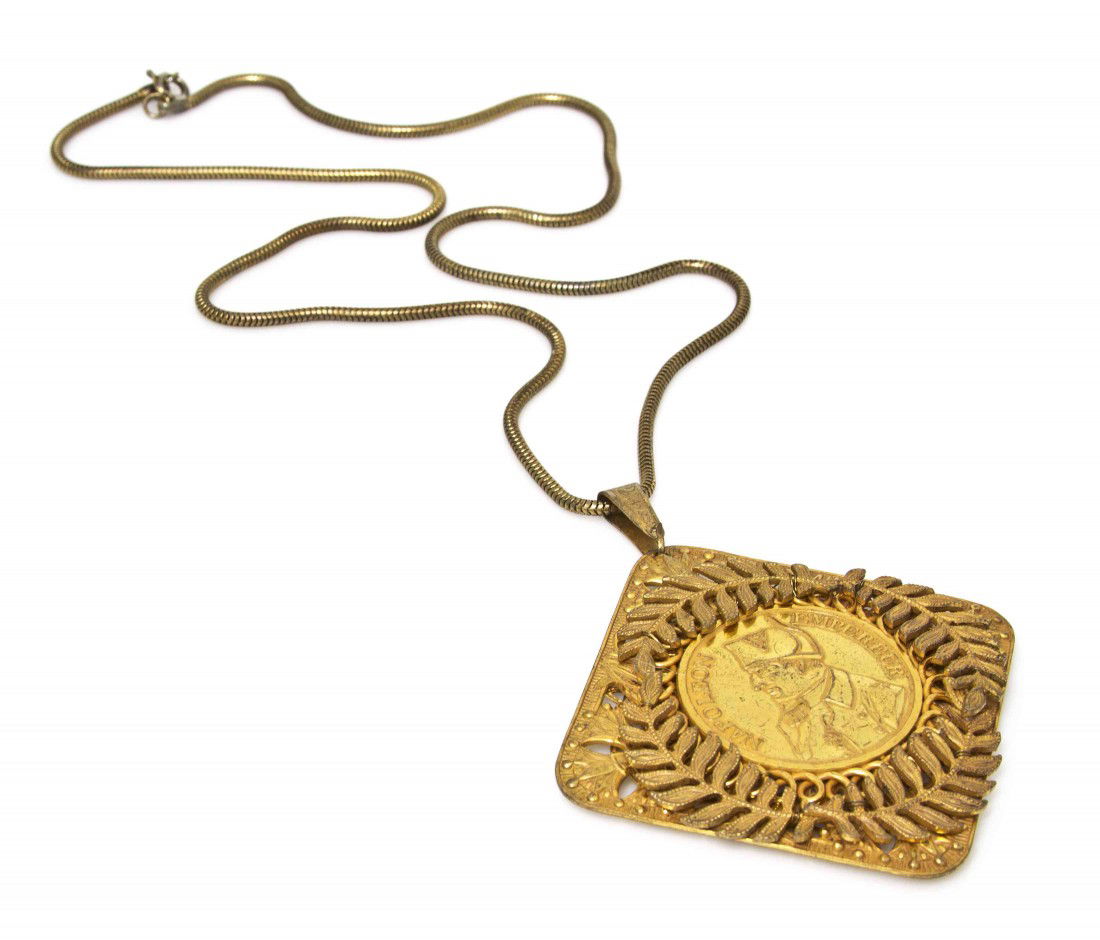 A Miriam Haskell Goldtone Napoleon Coin Necklace.: A Miriam Haskell Goldtone Napoleon Coin Necklace. Stamped: Miriam Haskell.
