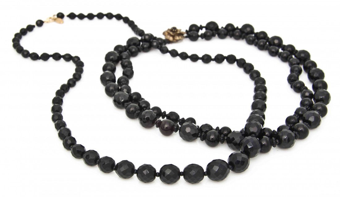 Two Miriam Haskell Black Faceted Bead Necklaces.: Two Miriam Haskell Black Faceted Bead Necklaces. All stamped: Miriam Haskell.