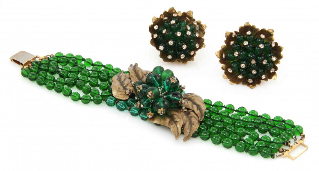 A Miriam Haskell Beaded Beaded 'Leaf' Parure,: A Miriam Haskell Beaded Beaded 'Leaf' Parure, comprised of a bracelet and earclips. Stamped: Miriam Haskell.