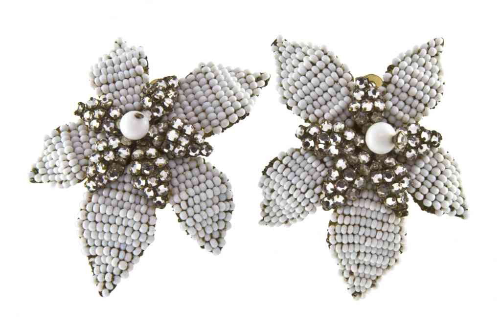 A Pair Of Jomaz White Beaded Floral Earclips.: A Pair Of Jomaz White Beaded Floral Earclips. Stamped: Jomaz.