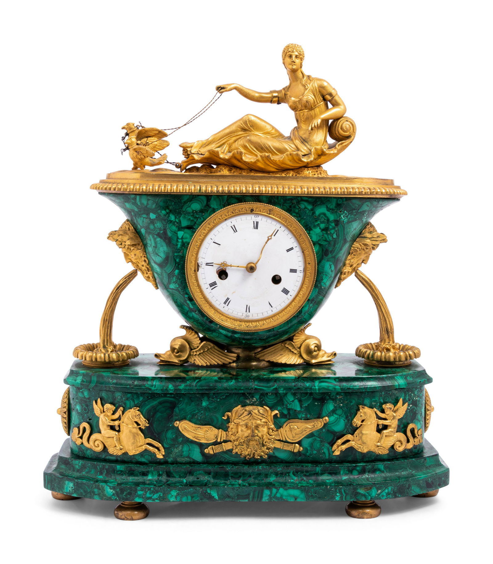 An Empire Gilt Bronze Mounted and Malachite Veneered Figural Mantel Clock (1 of 9)