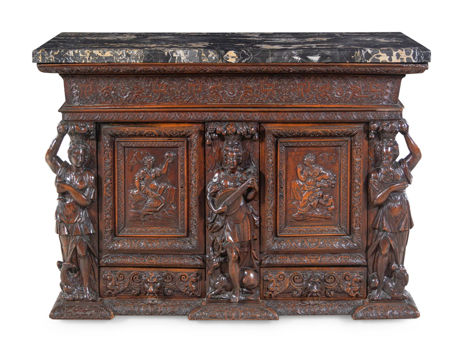 A Renaissance Revival Carved Walnut Marble-Top Cabinet (1 of 13)