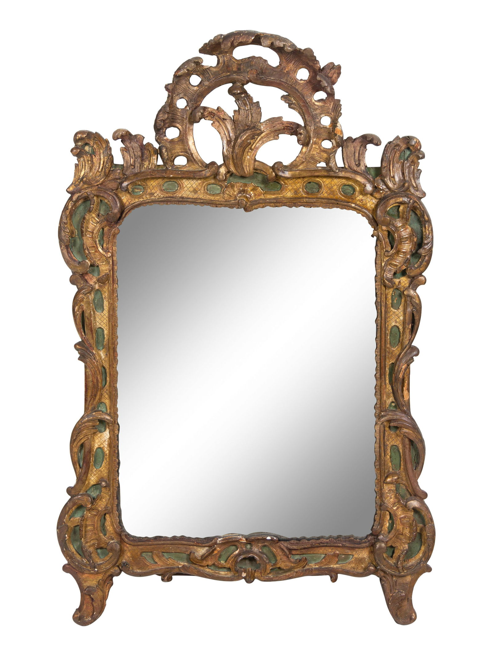 A Regence Carved and Painted Giltwood Mirror: A Regence Carved and Painted Giltwood Mirror Second Half 18th Century Height 51 x width 32 inches. Property from a House and Garden Designed by David Hicks, Bloomfield Hills, Michigan Provenance: Jame