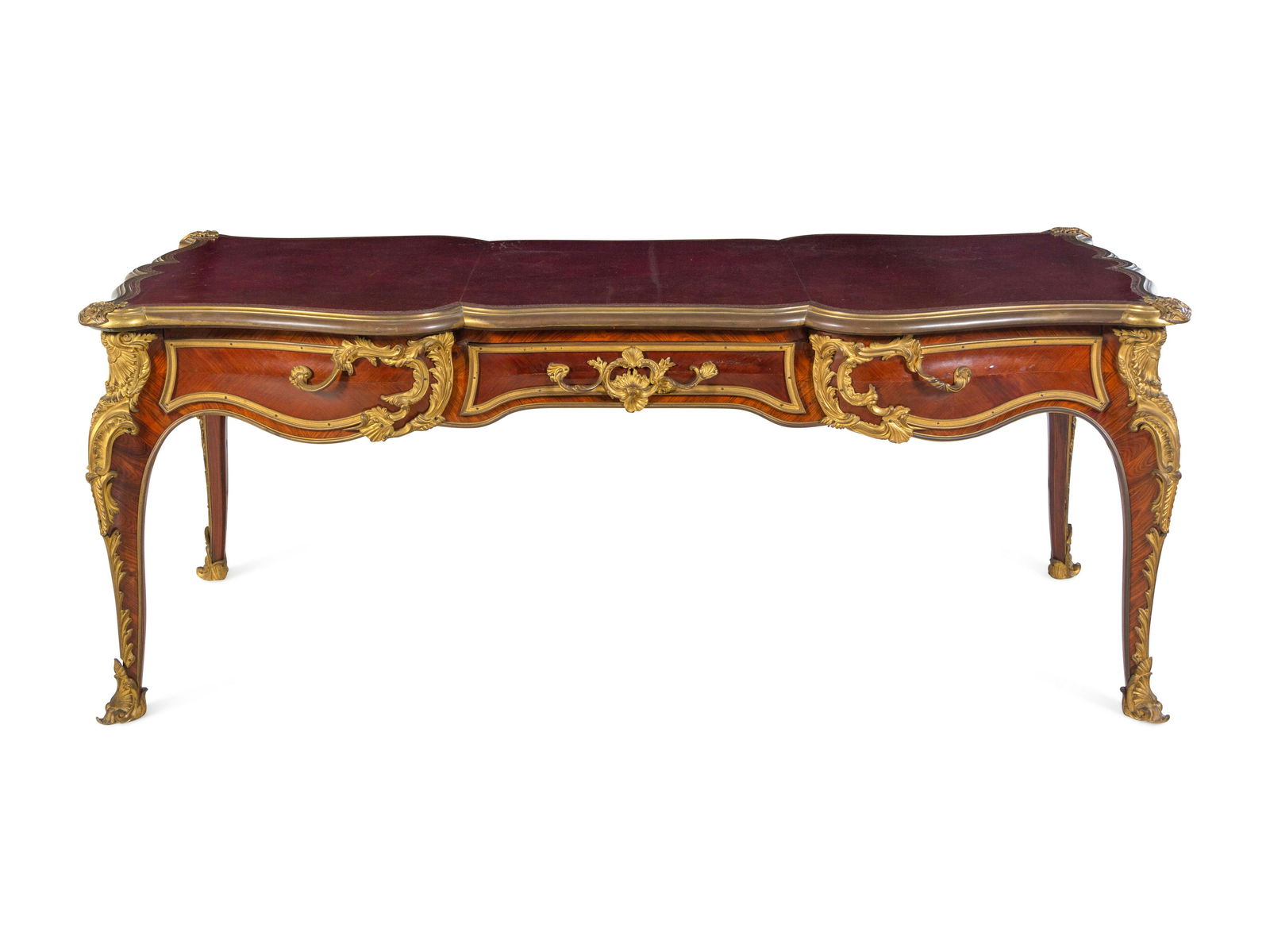 A Louis XV Style Gilt Bronze Mounted and Tooled Leather-Inset Tulipwood Bureau Plat (1 of 6)