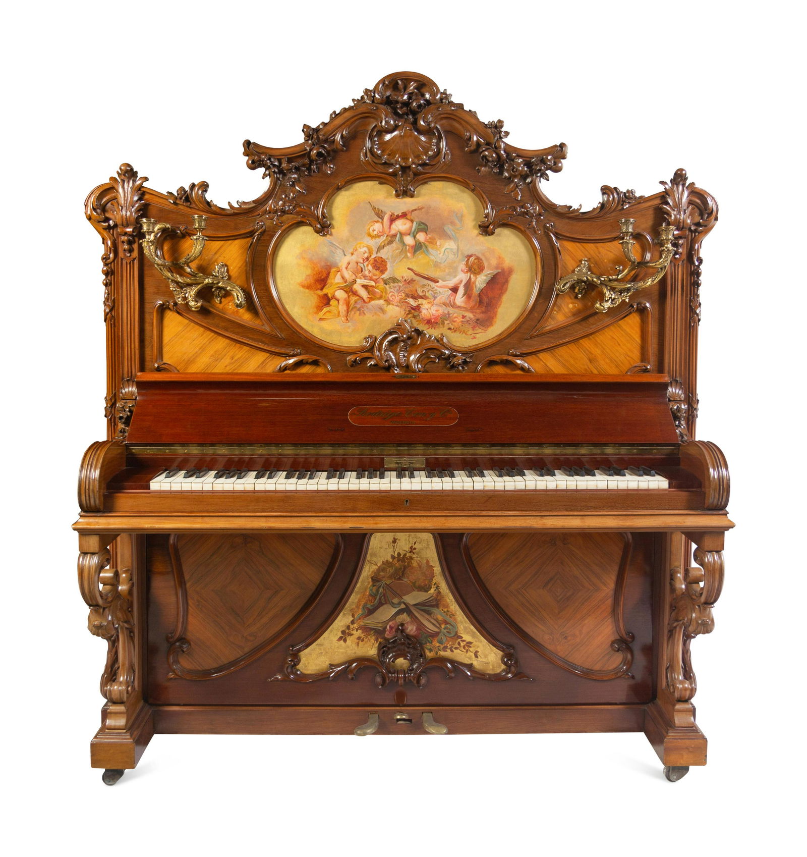 A Louis XV Style Gilt Bronze Mounted Carved Walnut, Kingwood and Vernis Martin Upright Piano (1 of 5)