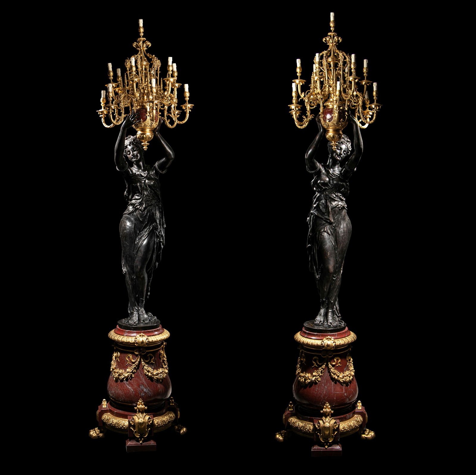 A Pair of Monumental Gilt and Patinated Bronze and Rouge Marble Figural Torcheres (1 of 16)