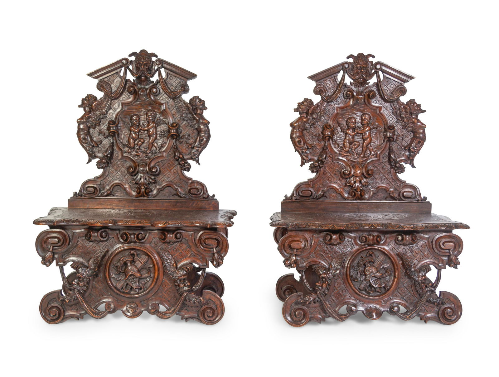 A Pair of Italian Baroque Style Carved Walnut Benches (1 of 5)