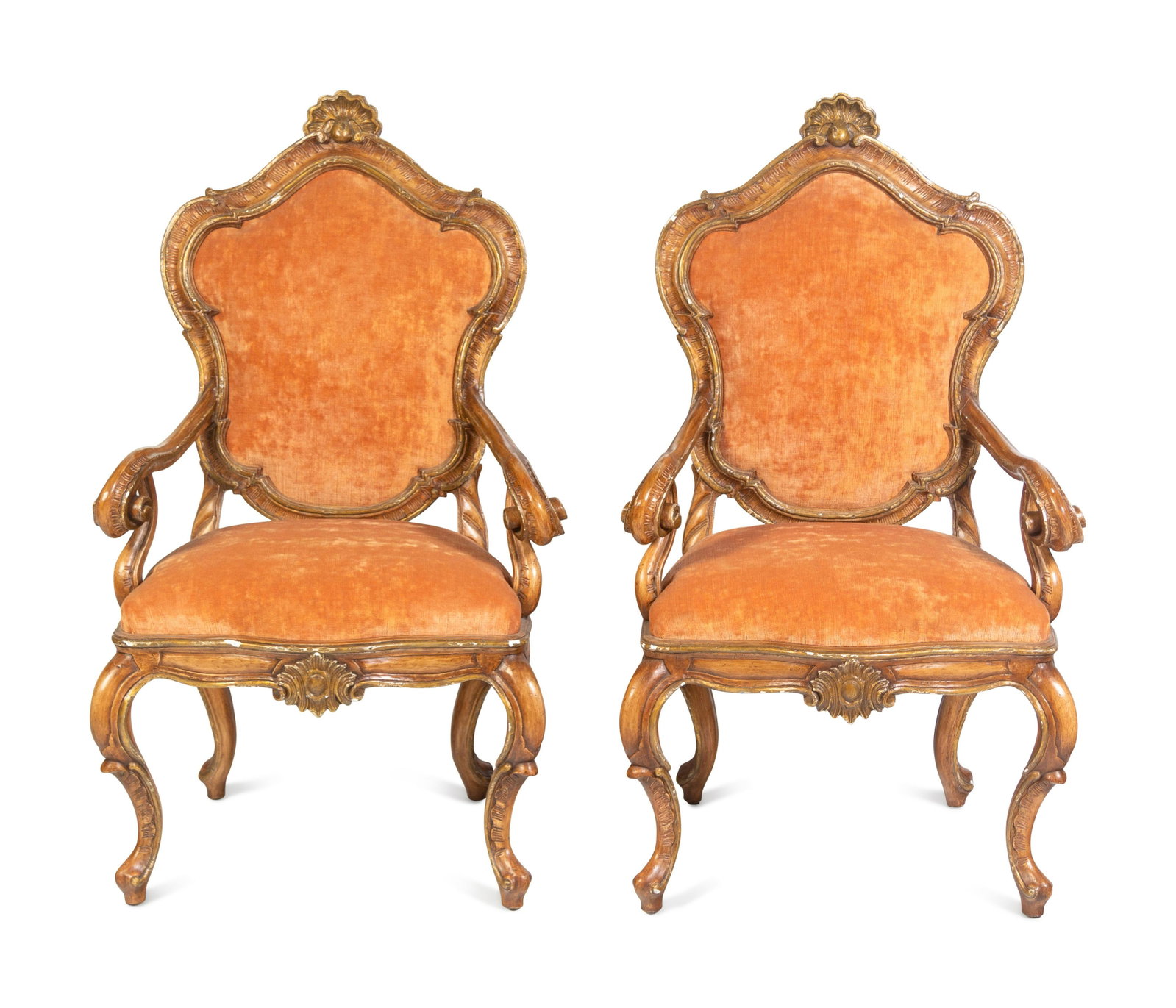 A Pair of Italian Rococo Style Carved and Painted Armchairs: A Pair of Italian Rococo Style Carved and Painted Armchairs 20th Century Height 47 1/4 x width 27 x depth 24 inches.