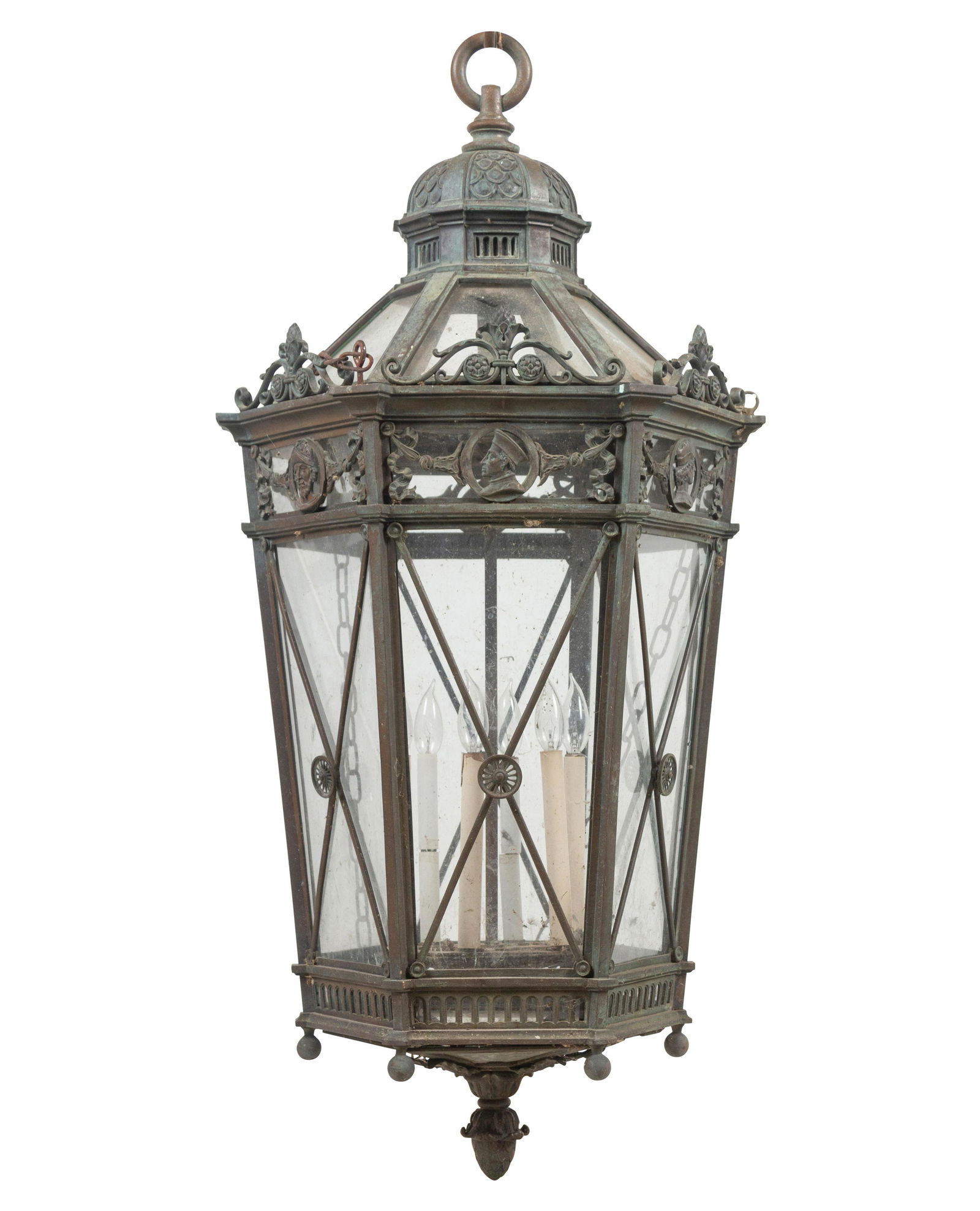 A Large Neoclassical Patinated Metal Hall Lantern (1 of 3)