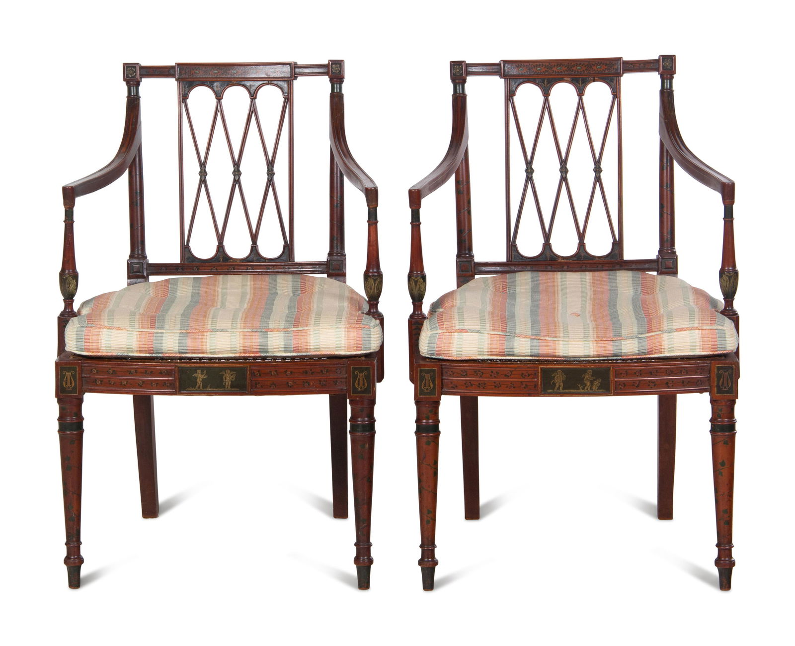 A Pair of Edwardian Painted Mahogany Armchairs: A Pair of Edwardian Painted Mahogany Armchairs Late 19th/Early 20th Century each having a caned seat. Height 33 1/2 inches. Property from the Estate of Eileen Mackevich, Chicago, Illinois Provenance: