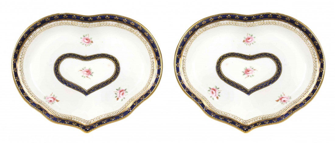 Two Derby Porcelain Side Dishes, Length 9 1/4 x wid: Two Derby Porcelain Side Dishes, each of heart form, having gilded rim over border with cobalt blue ground. Length 9 1/4 x width 7 1/4 inches. Property from the Collection of Robert and David Smith, M