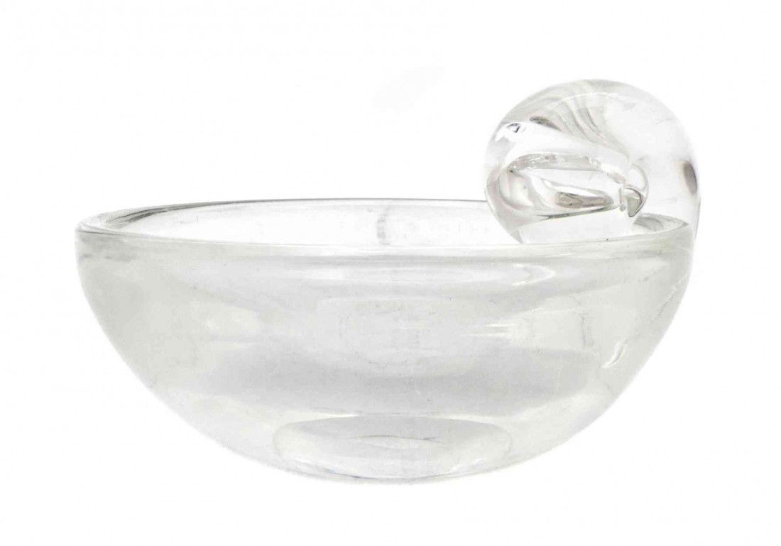 A Steuben Olive Dish, Height 3 3/4 inches.: A Steuben Olive Dish, having an applied scrolling handle, John Dreves. Height 3 3/4 inches. Property from the Collection of Robert and David Smith, Michigan