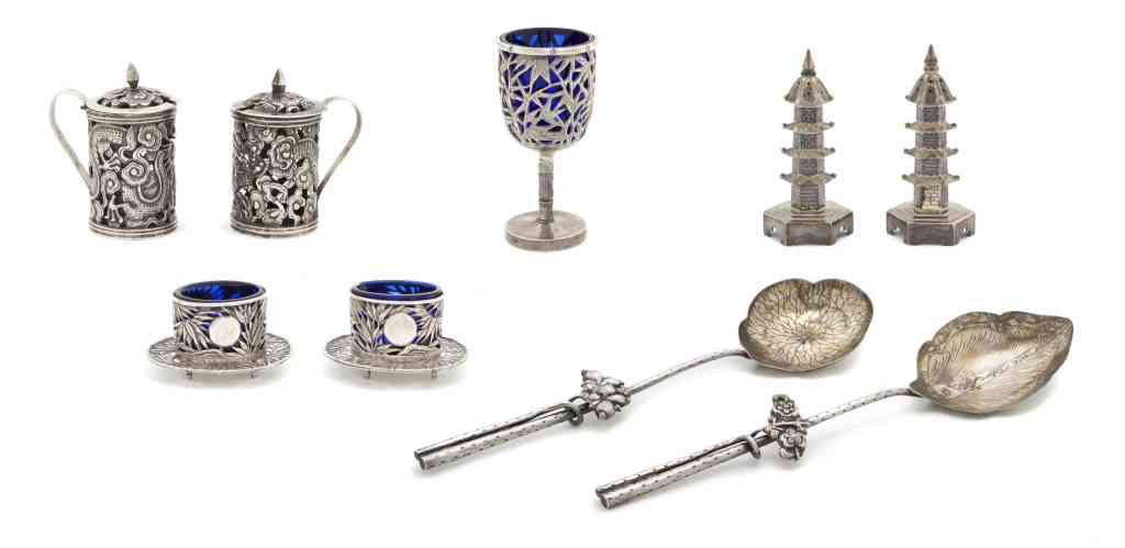 A Collection of Chinese Silver Articles, Wang Hing: A Collection of Chinese Silver Articles, Wang Hing & Co., comprising two salt cellars with cobalt glass liners, two covered mustard pots including one with a translucent glass liner, two pepper pots i