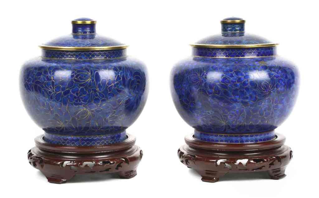 A Pair of Asian Cloisonne Urns, Height 6 inches.: A Pair of Asian Cloisonne Urns, comprising a lidded vase with repetitive geometric pattern throughout. Height 6 inches. Property from the Collection of Robert and David Smith, Michigan