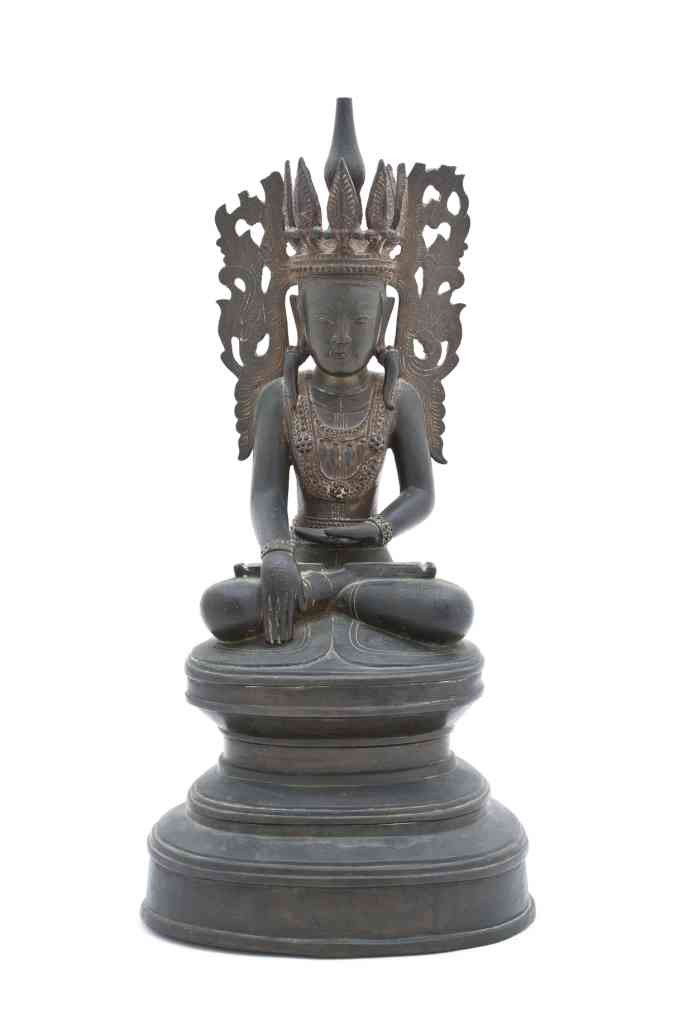 A Taiwanese Iron Buddha, Height 14 inches.: A Taiwanese Iron Buddha, depicted in a seated pose and raised upon a circular base. Height 14 inches. Property from the Collection of Walter Phelps Scott, San Miguel de Allende, Guanajuato, Mexico Sol