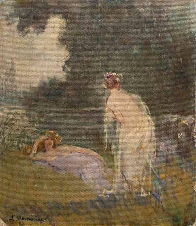 Leopoldo Romanach, (Cuban, 1862-1951), A Satyr and: Leopoldo Romanach (Cuban, 1862-1951) A Satyr and Two Nymphs oil on canvas board signed L. Romanach (lower left) 14 x 12 inches.