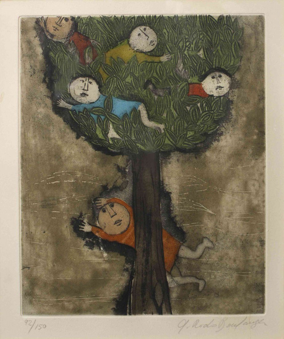 Graciela Rodo Boulanger, (Bolivian, b. 1935), Figu: Graciela Rodo Boulanger (Bolivian, b. 1935) Figures in a Tree colored engraving edition 92/150, signed G. Rodo Boulanger (lower right) 9 1/2 x 7 3/4 inches. Property from the Collecti