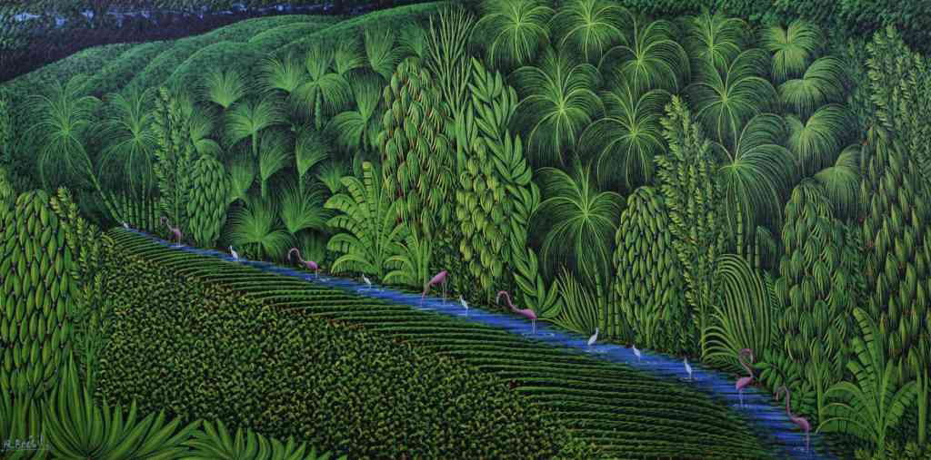 Henri Robert Bresil, (Haitian, 1952-1999), Tropica: Henri Robert Bresil (Haitian, 1952-1999) Tropical Landscape oil on canvas signed H.R. Bresil (lower left) 23 1/4 x 46 3/4 inches.