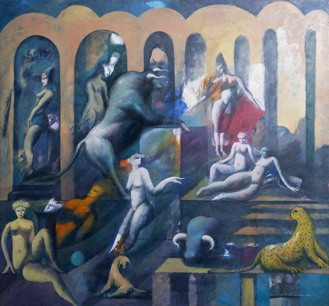 David Salvador Espinoza, (Nicaraguan, b. 1961), Ma: David Salvador Espinoza (Nicaraguan, b. 1961) Masquerade with Animals, 2002 oil on canvas signed David Salvador (lower right) 43 x 46 inches. Property from the Collection of Walter Ph