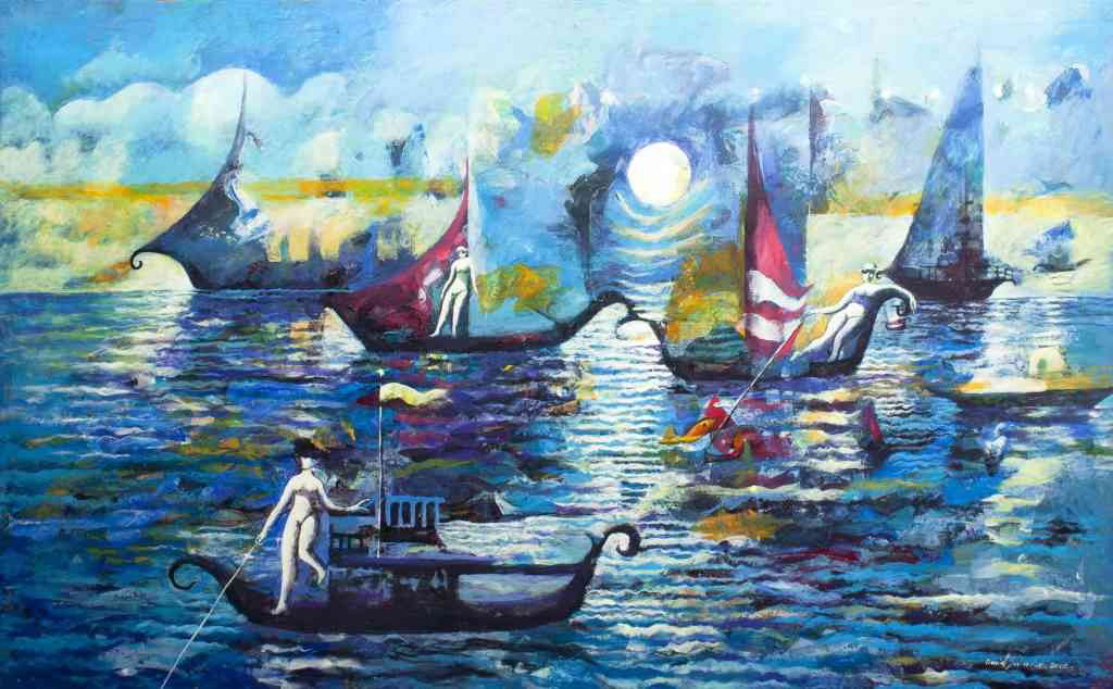 David Salvador Espinoza, (Nicaraguan, b. 1961), Nu: David Salvador Espinoza (Nicaraguan, b. 1961) Nudes and Animals on a Ship, 2002 oil on canvas signed David Salvador (lower right) 43 x 46 inches. Property from the Collection of Walte