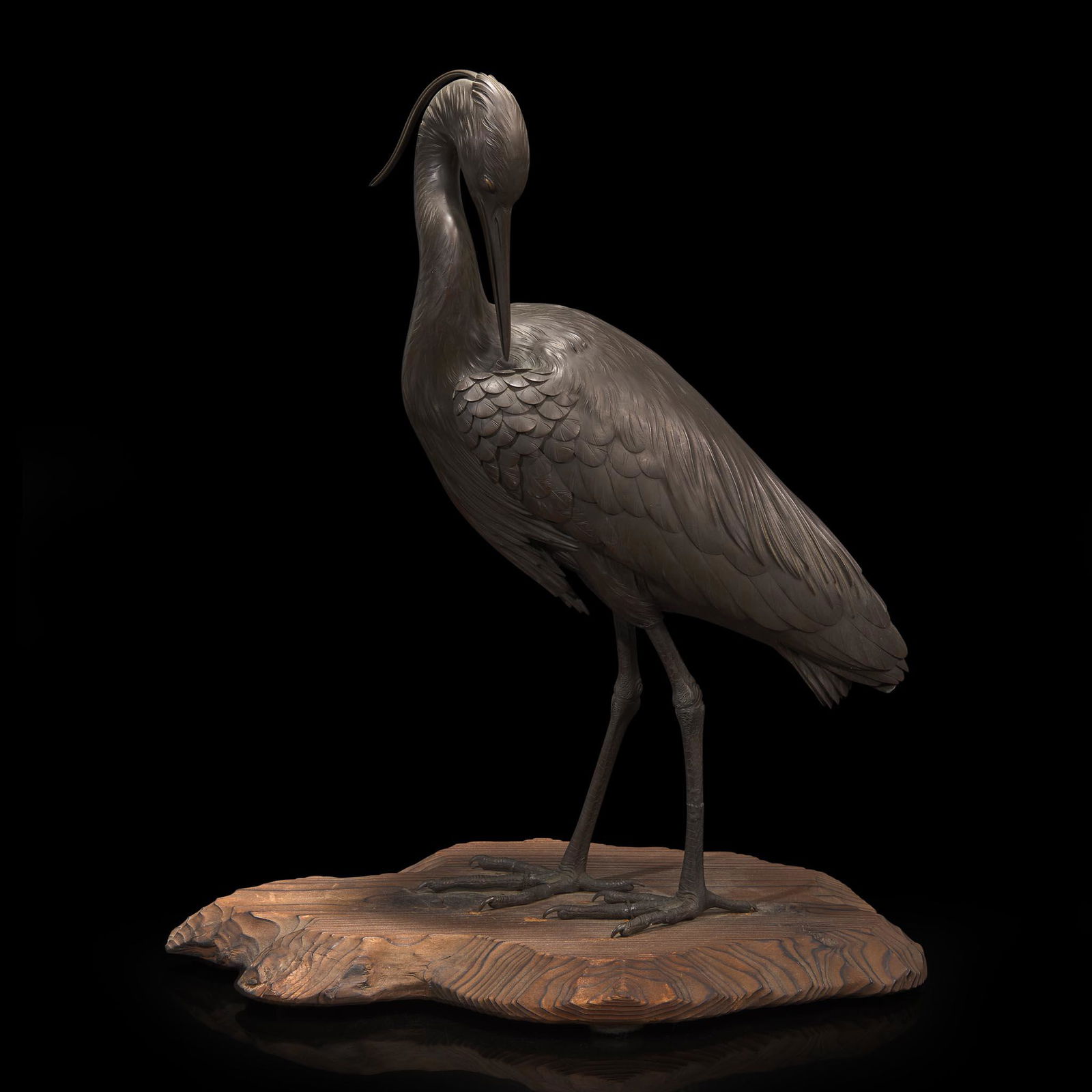 A Japanese patinated bronze figure of a preening heron, signed Kuniharu 日本鹭 (1 of 4)