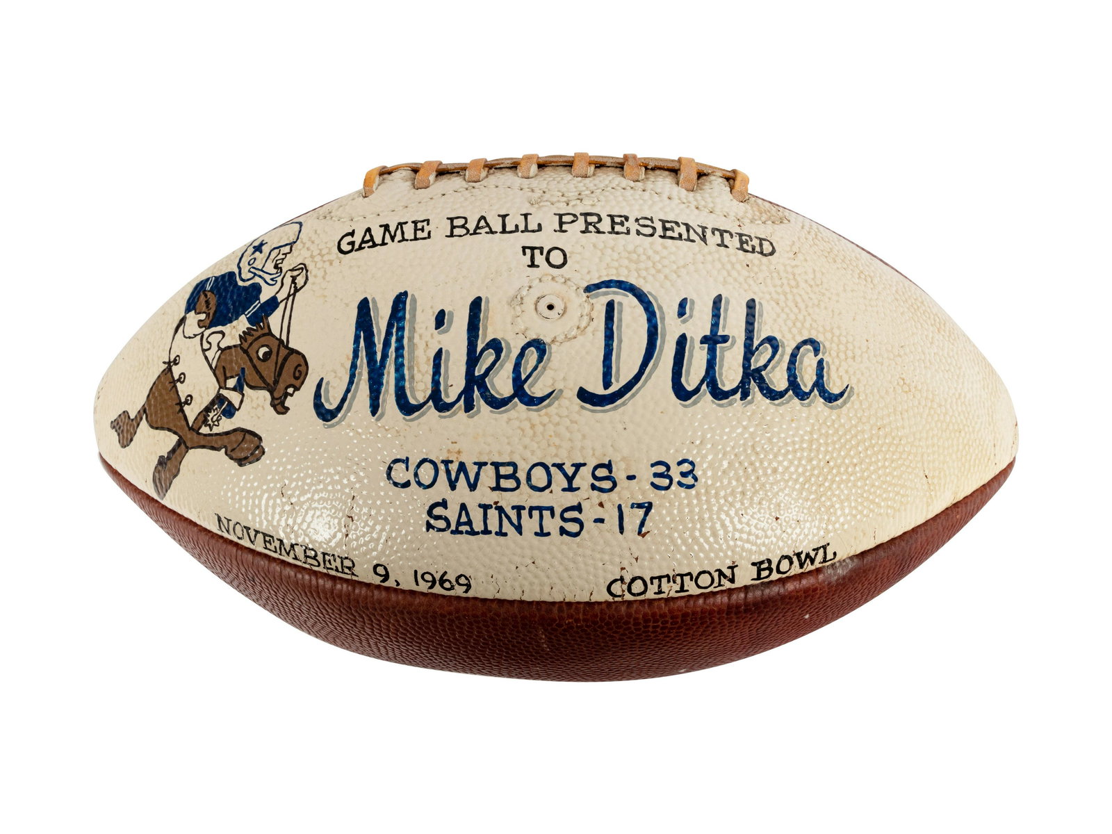 A 1969 Dallas Cowboys vs. New Orleans Saints Game Ball Presented to Mike Ditka Formerly Displayed at (1 of 3)