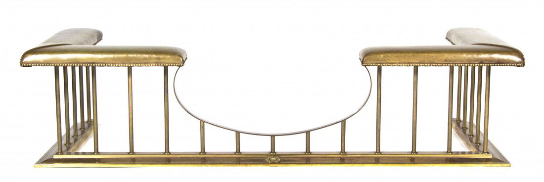 An English Brass Club Fender, Width 82 inches.: An English Brass Club Fender, having green leather upholstery and nailhead trim. Width 82 inches. Property from the Estate of Dr. Joseph and Donna Lee Boggs, Chicago, Illinois