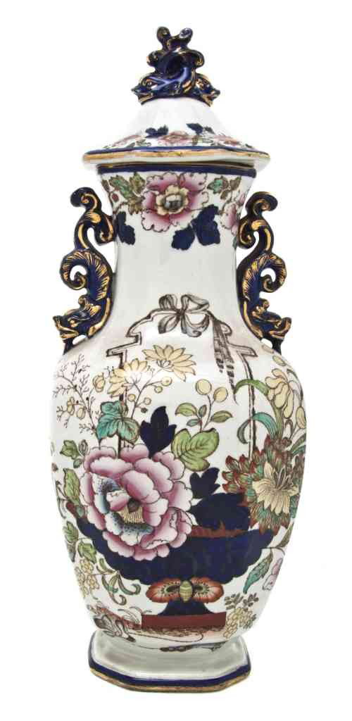 A Mason's Ironstone Lidded Vase, Height 15 inches.: A Mason's Ironstone Lidded Vase, 19th century, of baluster form, having dolphin form finial and handles, with Imari style decoration throughout. Height 15 inches.