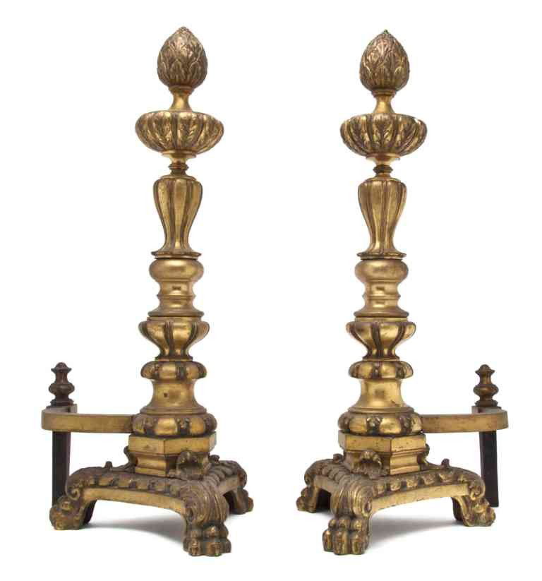 A Pair of Neoclassical Style Gilt Bronze Andirons,: A Pair of Neoclassical Style Gilt Bronze Andirons, having pine cone finials above baluster form standards with acanthus leaf decoration throughout, terminating in tripod bases with paw feet. Height 22