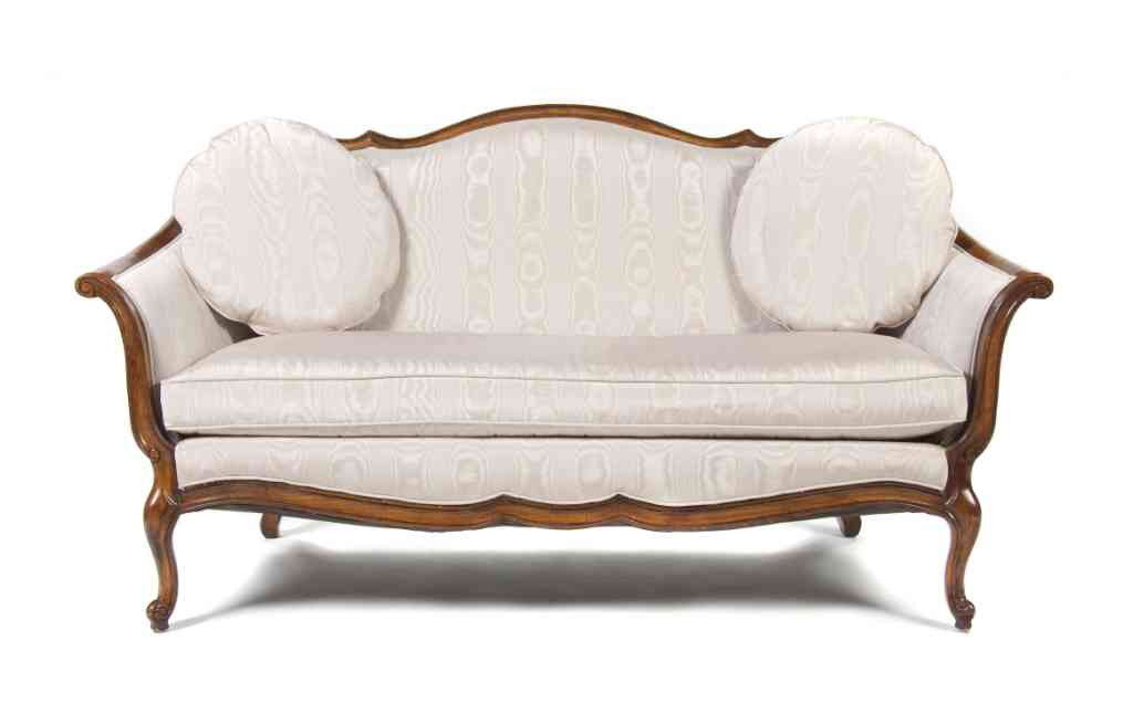 A Louis XV Style Settee, Height 33 inches.: A Louis XV Style Settee, having a shaped crest rail over the upholstered back, arms and seat, raised on cabriole legs. Height 33 inches. Property from the Estate of Dr. Frank Milloy, Glencoe, Illinois