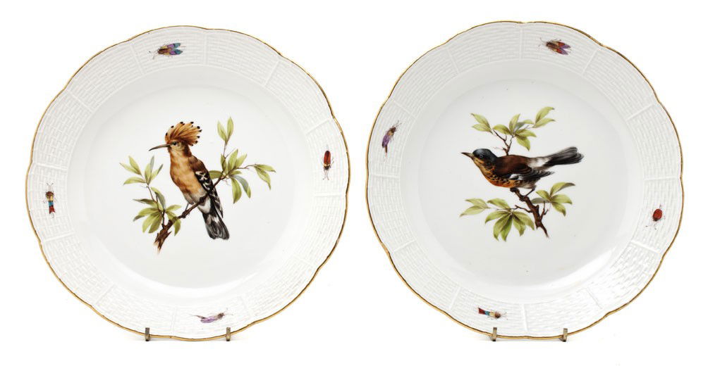 Two Meissen Porcelain Ornithological Plates, Diame: Two Meissen Porcelain Ornithological Plates, each decorated with birds on leafy branches, with scalloped and basketweave pattern border, each with crossed swords mark in underglaze blue. Diameter 10 1