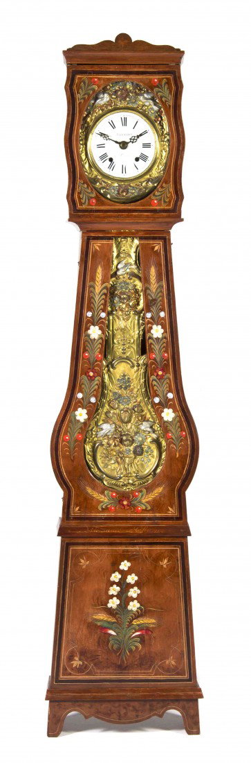 A French Morbier Form Tall Case Clock, Fleurance, : A French Morbier Form Tall Case Clock, Fleurance, having a circular enameled dial within a pressed metal face over a pressed metal pendulum, the case with painted foliate decoration throughout. Height