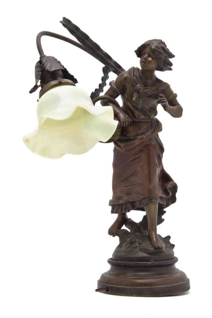 A Continental Cast Metal Figural Lamp, Height 19 i: A Continental Cast Metal Figural Lamp, early 20th century, cast as a young girl carrying a basket beneath the floriform lighting element. Height 19 inches.