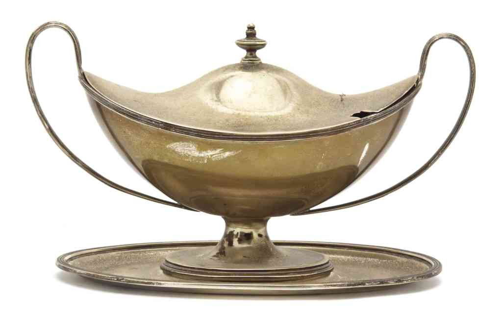 An English Silver Sauce Tureen, William Gibson & J: An English Silver Sauce Tureen, William Gibson & John Langman, London, 1897, of oval handled form with cover, approximate weight 17.53 ozt. Width over handles 9 1/2 inches.