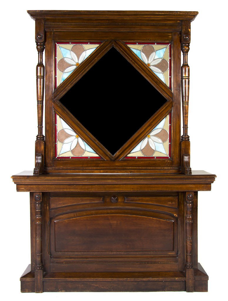 A Victorian Mirrored and Leaded Glass Inset Room D: A Victorian Mirrored and Leaded Glass Inset Room Divider, having a molded cornice over the diamond form plate with leaded glass panels at the corners, the base with a rectangular top over turned colum