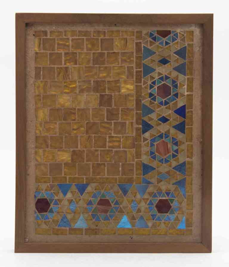 An Iridescent Glass Mosaic Fragment, attributed t: An Iridescent Glass Mosaic Fragment, attributed to Tiffany Studios, of rectangular form with geometric decoration, framed. Height 10 x width 7 3/4 inches. Property from the Ralph Esmerian Collection, 