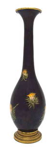 A French Art Nouveau Enameled Vase, Eugene Feuill: A French Art Nouveau Enameled Vase, Eugene Feuillatre, circa 1900-1910, of slender bottle form, decorated with flowering thistles, stamped Feuillatre twice. Height 13 1/4 inches. Property from the Ral