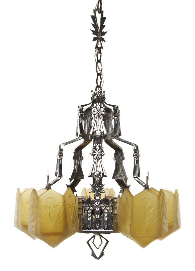 An American Silvered Metal Hanging Fixture, in th: An American Silvered Metal Hanging Fixture, in the manner of Beardslee Mfg. Co., of stepped tapering form with geometric decoration and frosted glass shades, having five lighting elements. Height 18 i