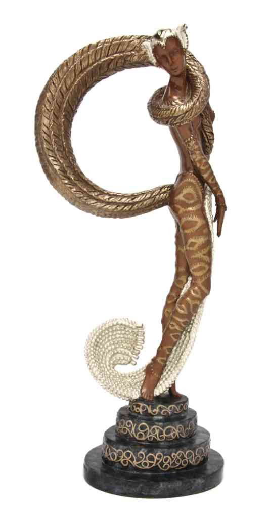 A Polychrome Bronze Figure, Roman de Tirtoff Erte: A Polychrome Bronze Figure, Roman de Tirtoff Erte (Russian, 1892-1990), 1988, Masquerade, numbered 310/375, depicting a woman with a long tail coiled around her shoulders, on a stepped oval base, mark
