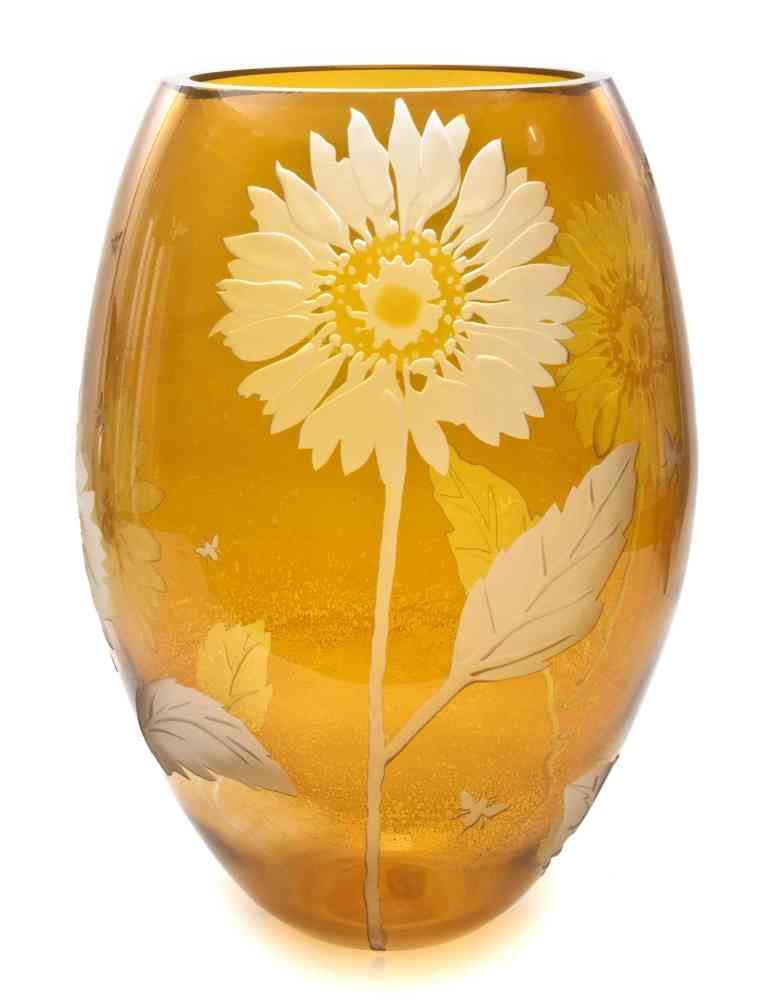 A Studio Glass Vase, Duncan McClellan, Height 20: A Studio Glass Vase, Duncan McClellan, of ovoid form, with cut and frosted sunflower and insect decoration, signed. Height 20 inches.