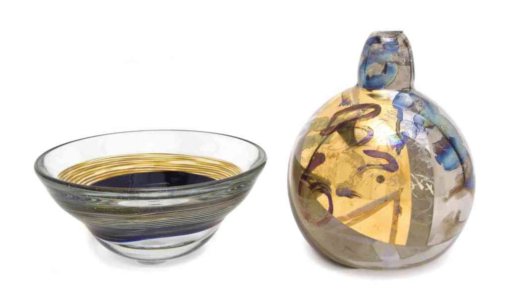 An Art Glass Bowl and Vase, Joel Philip Myers, Di: An Art Glass Bowl and Vase, Joel Philip Myers, the first of low form, having white, blue and amber bands of decoration, signed and dated 1973 and the second having a bulbous base, with iridescent pane